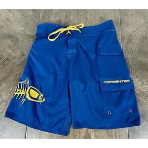 Tormenter Navy & Yellow 5 Pocket Board Shorts Mens Size 32 Billfish Bones GUC